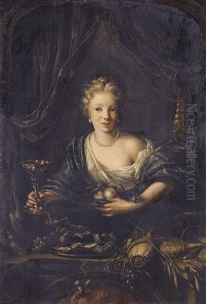 A Young Woman At A Window, With Fruit Oysters And A Silver Cup Oil Painting by Matthys Naiveu