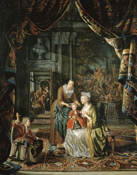 A Sumptuous Interior With A Lady Preparing To Nurse Her Baby, A Young Boy Playing Nearby Oil Painting by Matthys Naiveu