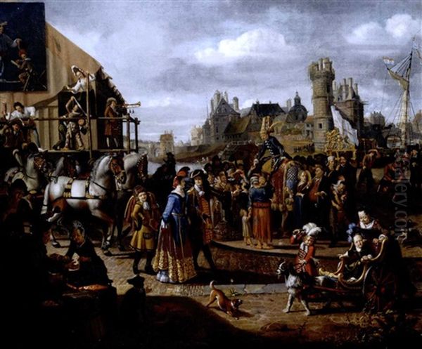 Carnival Scene In A Dutch Riverside Town, With Actors Performing, An Elegant Couple Promenading And A Young Child In A Cart Being Pulled By A Dog Oil Painting by Matthys Naiveu