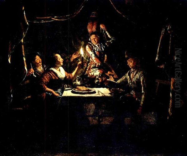 Nocturnal Scene With A Harlequin Surprising A Merry Company In A Curtained Interior Oil Painting by Matthys Naiveu