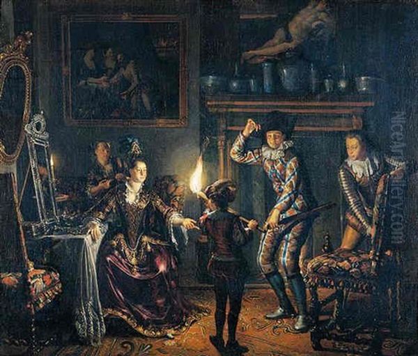 A Candle-lit Interior With A Harlequin Presented To A Lavishly Dressed Woman At Her Dressing Table Oil Painting by Matthys Naiveu