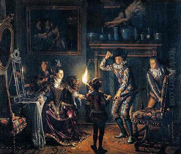 A Candle-lit Interior With A Harlequin Presented To A Lavishly Dressed Woman At Her Dressing Table Oil Painting by Matthys Naiveu