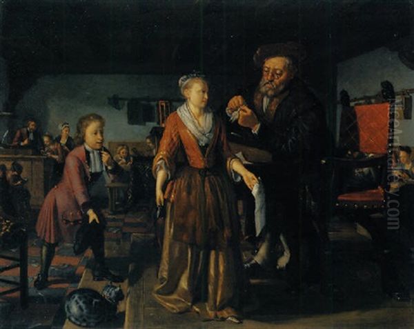 The Interior Of A Classroom With A Schoolmaster Sharpening A Plume Oil Painting by Matthys Naiveu