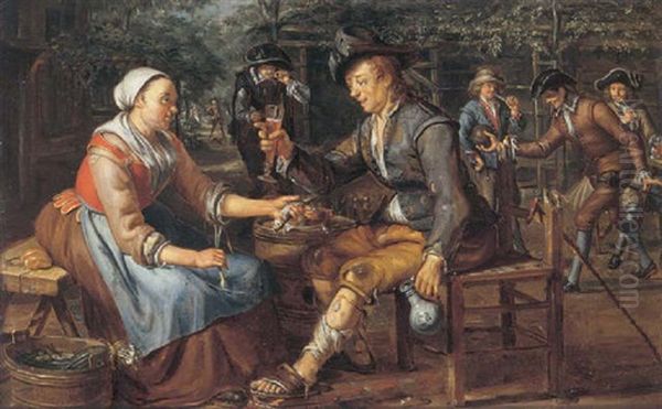 Figures Outside A Tavern, With A Lady Offering An Onion And Herring To A Young Man, Others Playing Skittles Beyond Oil Painting by Matthys Naiveu