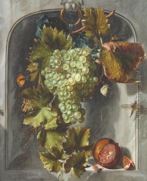 Stilleben Med Druvklase, Granatapple Och Insekter Oil Painting by Matthys Naiveu