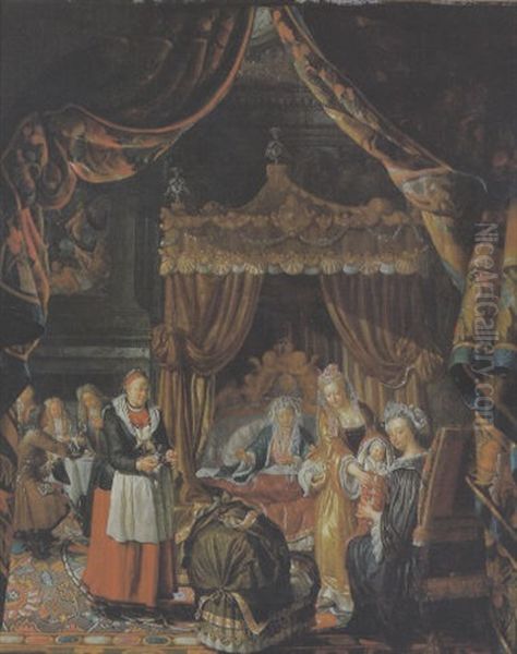 Blick In Das Schlafzimmer Eines Vornehmen Hollandischen Burgerhauses Mit Einer Familie by Matthys Naiveu