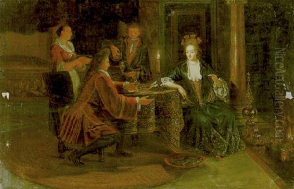 An Interior With An Elegant Couple Dining By Candlelight At A Rug-covered Table Before A Fire, Their Servants Beyond Oil Painting by Matthys Naiveu