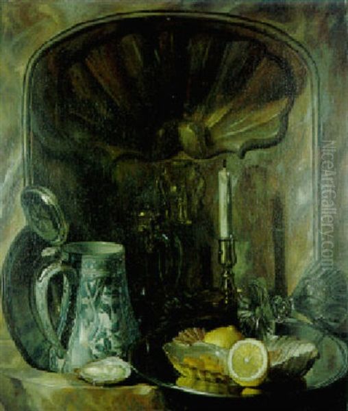 Flagon, Candlestick, Glass, & Lemon And Oysters On A Pewter Plate In A Wall Fountain Oil Painting by Matthys Naiveu