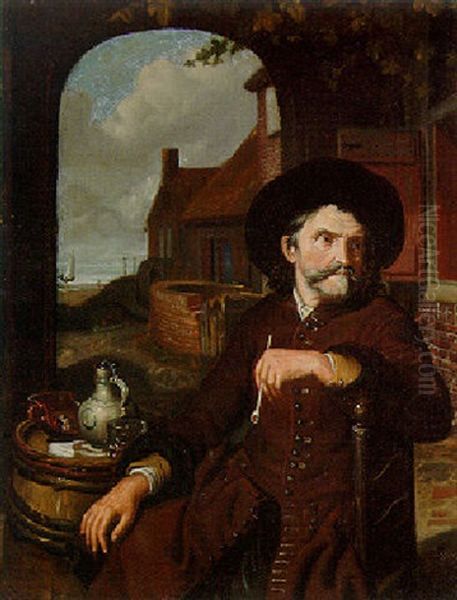 A Man Seated In A Courtyard With A Pipe, A View To The Sea Through An Arch Beyond Oil Painting by Matthys Naiveu