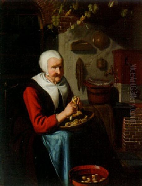 An Old Woman Seated In A Kitchen Peeling Potatoes Oil Painting by Matthys Naiveu