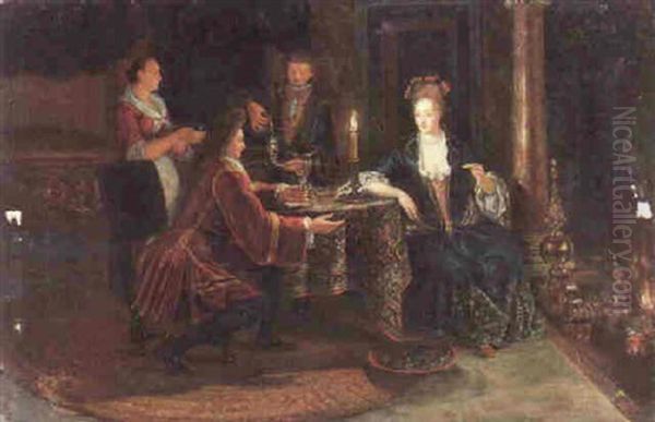 An Interior With A Couple Dining By Candlelight At A Table Before A Fire, Their Servants Beyond Oil Painting by Matthys Naiveu