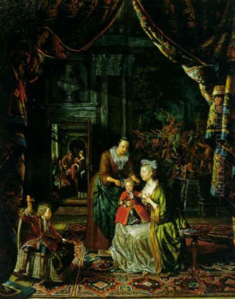 A Sumptuous Interior With A Lady Preparing To Nurse Her Baby, A Young Boy Playing Nearby Oil Painting by Matthys Naiveu