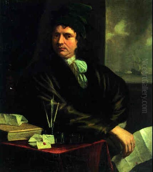 Portrait Of A Gentleman, Seated At A Desk, A Naval Engagement Through A Casement Beyond Oil Painting by Matthys Naiveu