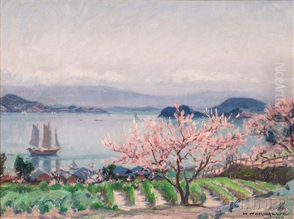 Shoreline With Cherry Blossoms Oil Painting by Hachiro Nakagawa