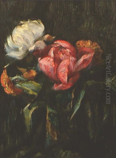 Peonies (recto/verso) Oil Painting by Tsune Nakamura