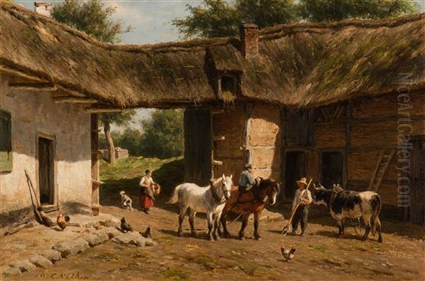 A Chat On The Courtyard Of The Farmstead Oil Painting by Willem Carel Nakken