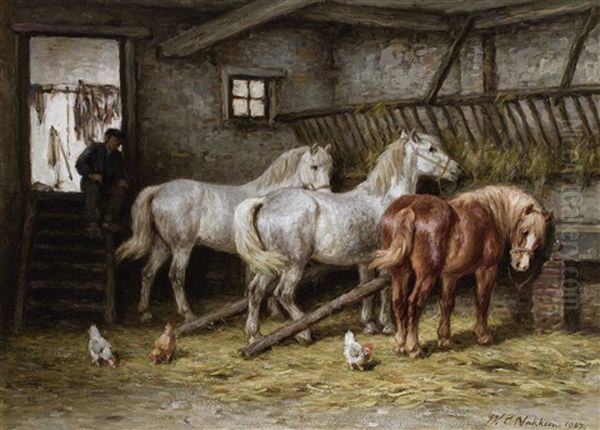 Ponies In A Stable Oil Painting by Willem Carel Nakken