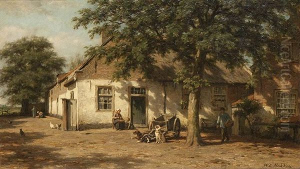 Animated Farmhouse View With Dog Cart Oil Painting by Willem Carel Nakken