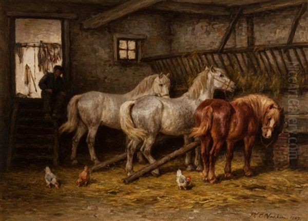 Three Horses In The Stable Oil Painting by Willem Carel Nakken