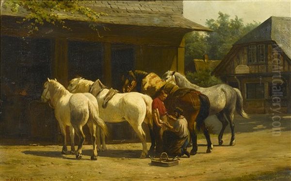 Shoeing Horses Outside A Stable Oil Painting by Willem Carel Nakken