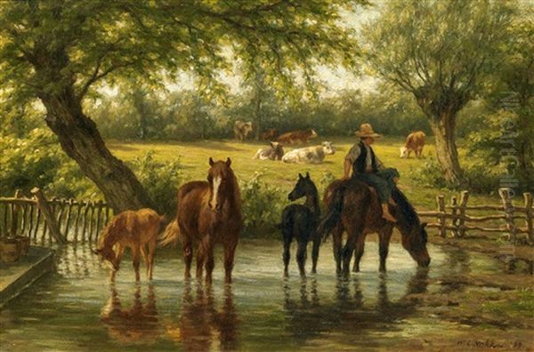 An Der Pferdetranke Oil Painting by Willem Carel Nakken