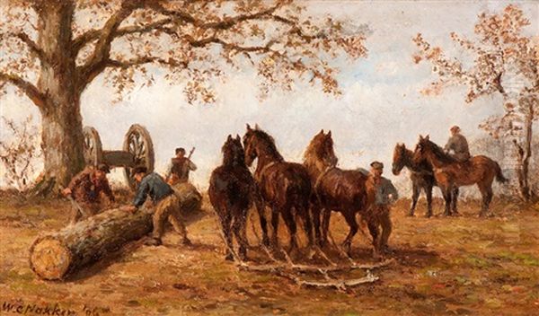 Tree Fellers With Workhorses And Logging Wheels Oil Painting by Willem Carel Nakken