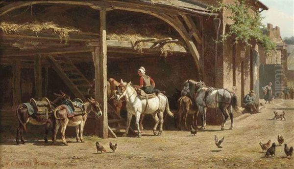 Donkeys And Horses Gathered Under A Shelter On A Summer's Day Oil Painting by Willem Carel Nakken