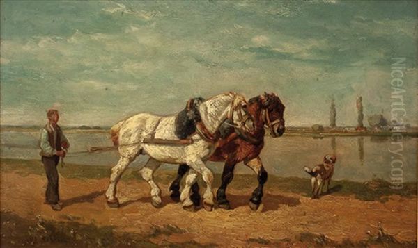 Bauer Mit Pferdegespann Am Flussufer Oil Painting by Willem Carel Nakken