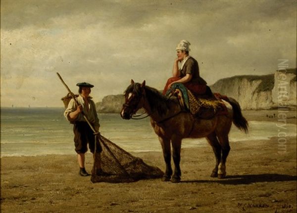 Norman Couple Wrapped Up In Conversation Near The Shore Oil Painting by Willem Carel Nakken