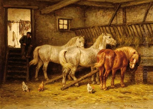 A Farmer With Three Horses And Chickens In A Barn Oil Painting by Willem Carel Nakken