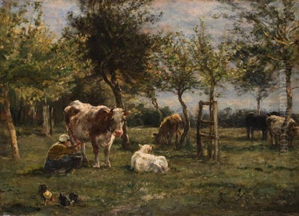 Melkerin Und Kuhe Unter Obstbaumen Oil Painting by Willem Carel Nakken