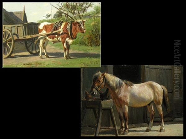 Das Ochsengespann (+ Das Pferd Vor Der Stallung, Oil On Cardboard; Pair) Oil Painting by Willem Carel Nakken