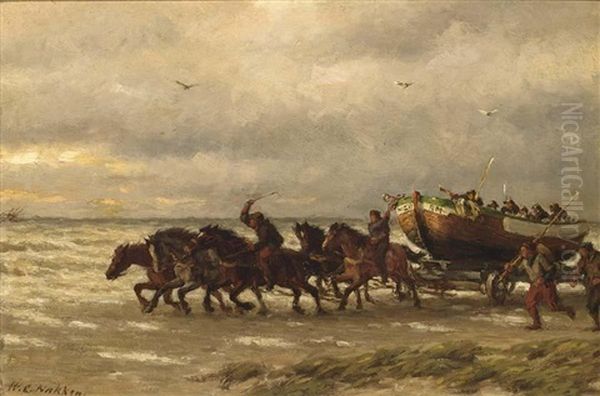 De Scheveningsche Reddingboot (a Rescue At Scheveningen) Oil Painting by Willem Carel Nakken