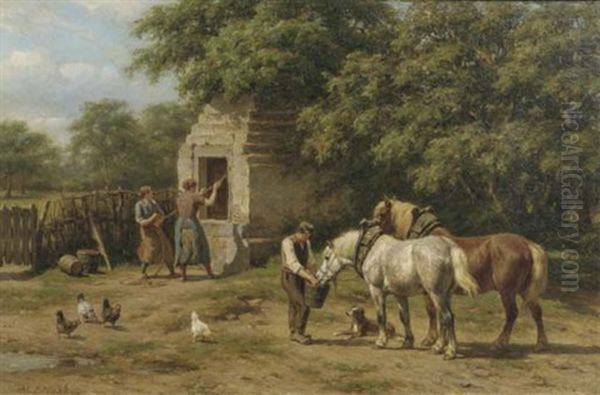 De Gasthuisput Bij Bemelen, Limburg: Fresh Water For The Horses Oil Painting by Willem Carel Nakken