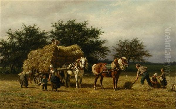 Harvest Scene With Peasants Loading A Haycart Oil Painting by Willem Carel Nakken