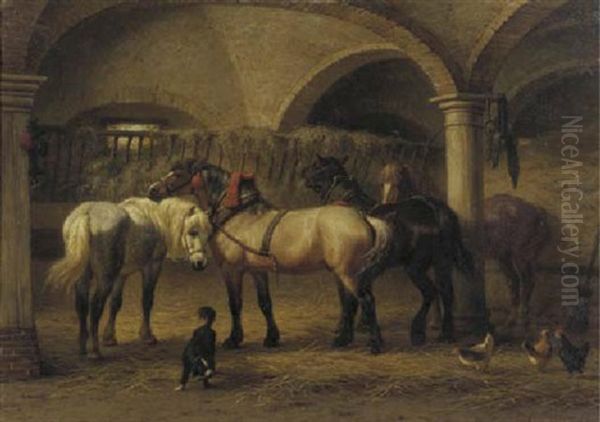 Horses In A Stable Oil Painting by Willem Carel Nakken