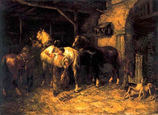 Het Verzorgen Van De Paarden In De Stal Oil Painting by Willem Carel Nakken