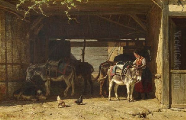 Donkeys In A Stable On A Summer Day, Normandy Oil Painting by Willem Carel Nakken