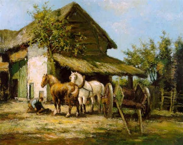 Boer Met Paarden Bij Een Boerderij Oil Painting by Willem Carel Nakken