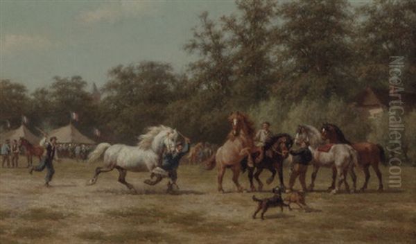 A Horse Market In A French Village Oil Painting by Willem Carel Nakken