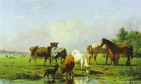 Tierherde Am Weiher, Im Hintergrund Eine Stadtsilhouette Oil Painting by Willem Carel Nakken