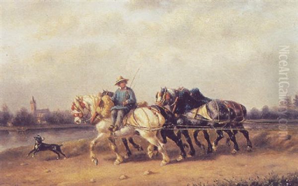 Farmer With Horses In The Fields Oil Painting by Willem Carel Nakken