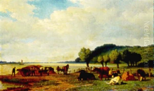 Horses And Carts And Cattle On A Riverbank Oil Painting by Willem Carel Nakken