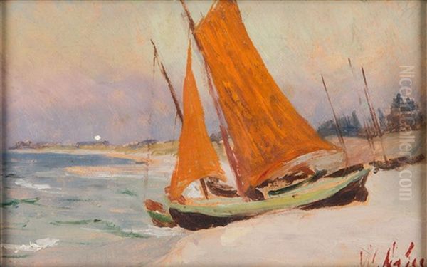 A Boat By The Shore Oil Painting by Wladimir (Wlodzimierz) Nalecz