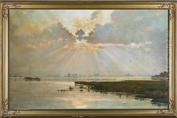 Jezioro O Zachodzie Slonca Oil Painting by Wladimir (Wlodzimierz) Nalecz