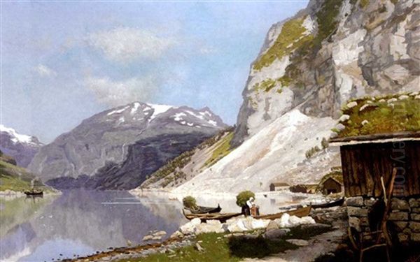 A Mother And Her Children On The Edge Of A Norwegian Fjord by Wladimir (Wlodzimierz) Nalecz