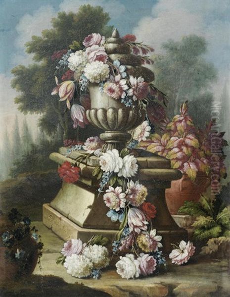 A Garland Of Flowers On A Sculpted Urn, In A Wooded Landscape Oil Painting by Giacomo Nani