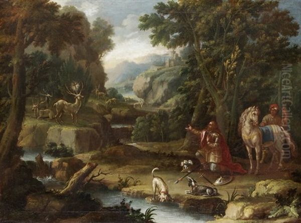 Hubertus Mit Weissem Hirsch In Landschaft Oil Painting by Giacomo Nani