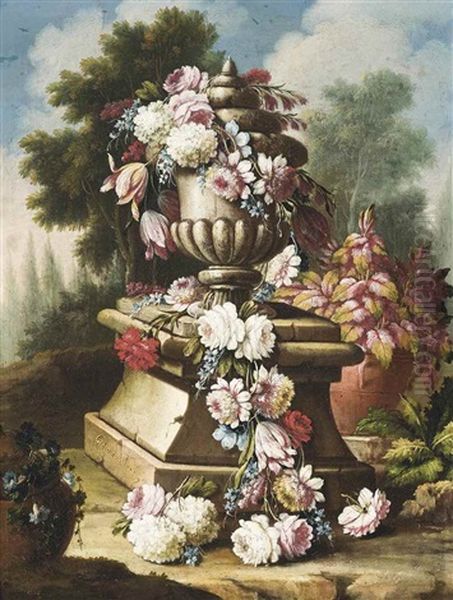 A Garland Of Flowers On A Sculpted Urn, In A Wooded Landscape Oil Painting by Giacomo Nani