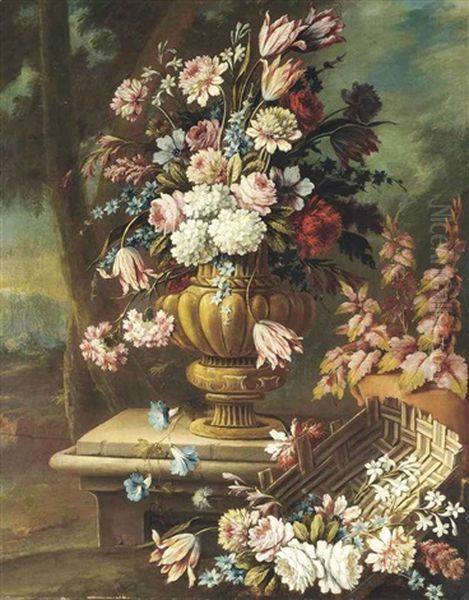 Roses, Parrot Tulips, Delphinia, Hydrangea And Other Flowers In An Urn On A Plinth With Roses, Tulips And Other Flowers In A Basket... Oil Painting by Giacomo Nani